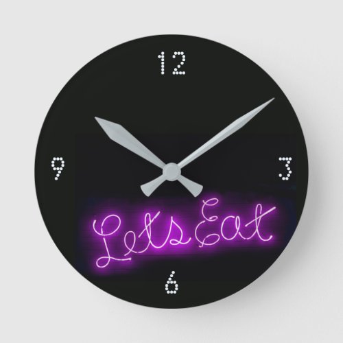 Unique Lets Eat Vintage Neon Sign in Purple Round Clock