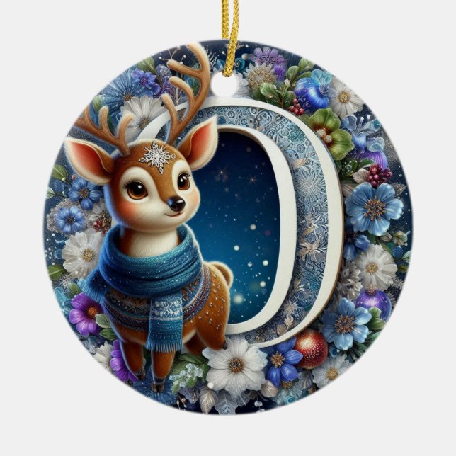 Unique Letter O, reindeer, Christmas  Ceramic Ornament (Front)