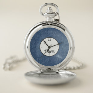 Unique Light Blue Denim Print Pocket Watch