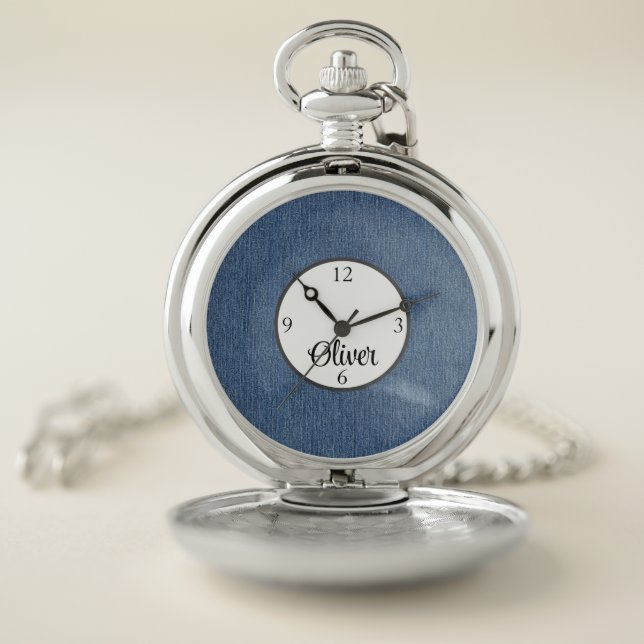 Unique Light Blue Denim Print Pocket Watch (Inside)