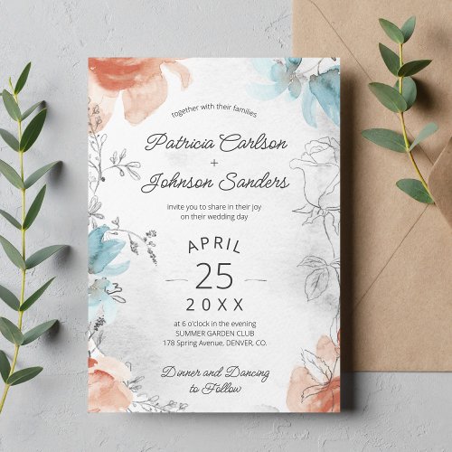Unique line drawing boho botanical floral wedding  invitation