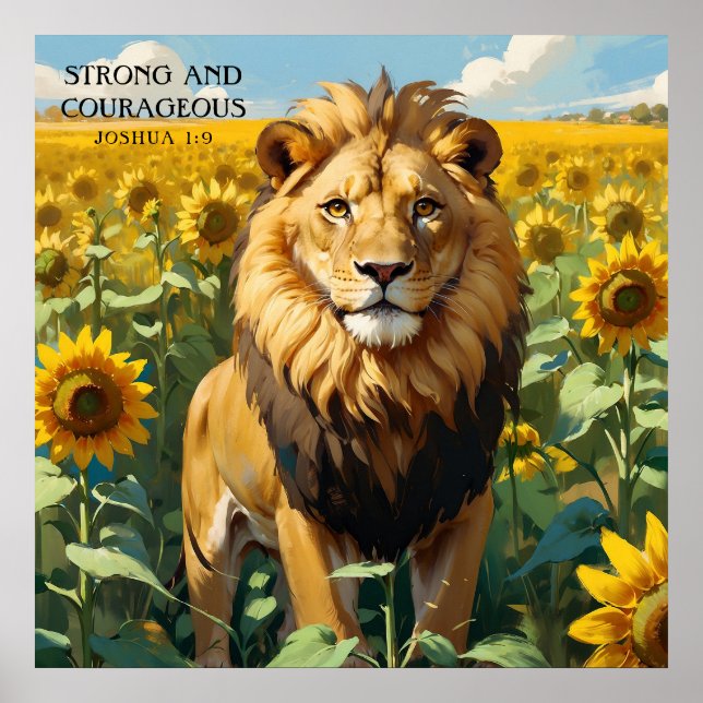 Unique Lion in Yellow Sunflower Field Faith Poster (Front)