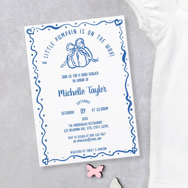 Unique Little Pumpkin French Blue Baby Shower Invitation (quirky hand drawn french blue pumpkin with a bow)