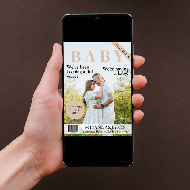 Unique Magazine Style Photo Pregnancy Announcement (magazine style pregnancy announcement card photo unique modern little secret baby on the way)