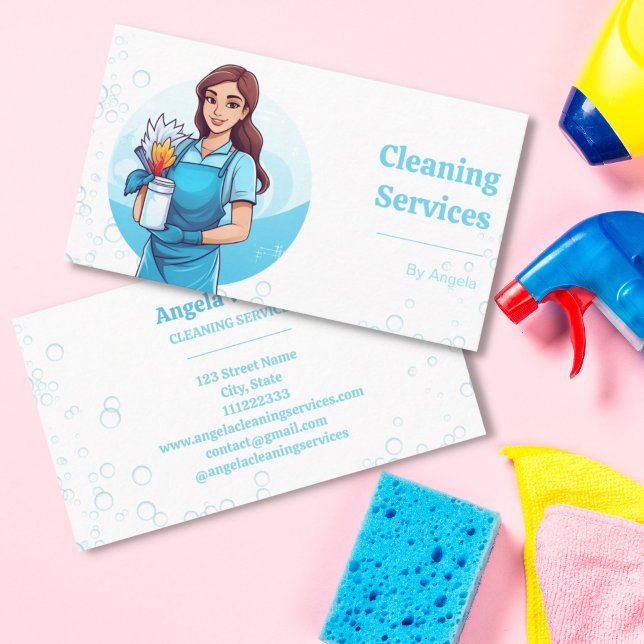 Unique Maid Cleaning Services Bubbles Illustration Business Card (Creator Uploaded)