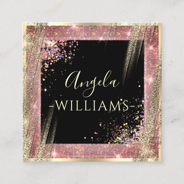 Unique Makeup Artist Salon QR Code Black Rose Gold Square Business Card (Front)