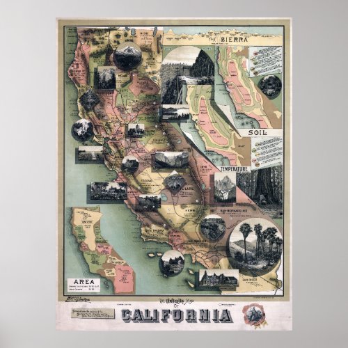 Unique Map of California 1888 Poster
