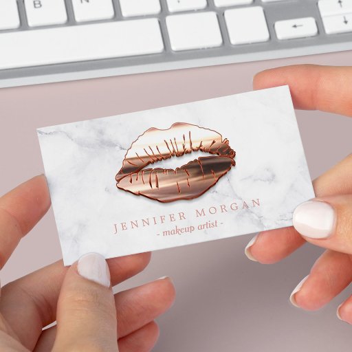 Customizable Trendy Marble Rose Gold 3D Lips Makeup Artist Business Card