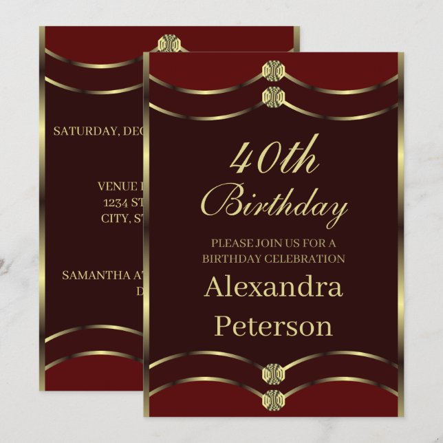 Unique Maroon Red And Gold Geometric Birthday Invitation (Front/Back)