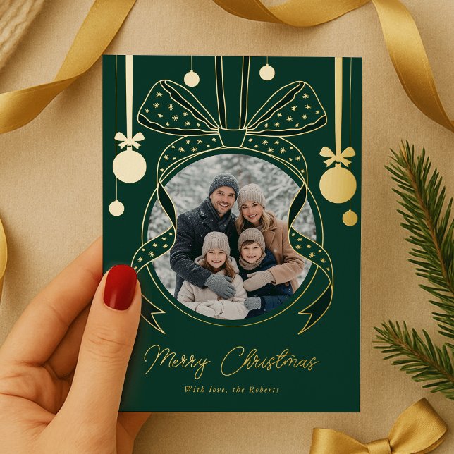 Unique Merry Christmas Ornament Ribbon Bow Photo Foil Holiday Card (elegant whimsical bows Christmas ornament photo foil holiday cards in green and gold)