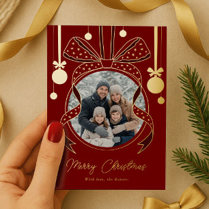 Unique Merry Christmas Ornament Ribbon Bow Photo Foil Holiday Card