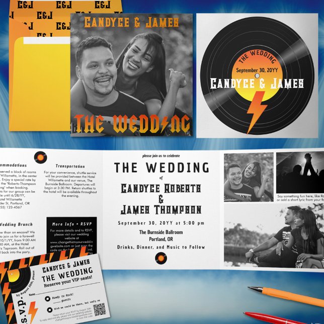 Unique Metal Music Album Cover B&W Photo Wedding  Tri-Fold Invitation (Metal Music Album Cover Wedding invitation with coordinating envelope and RSVP)