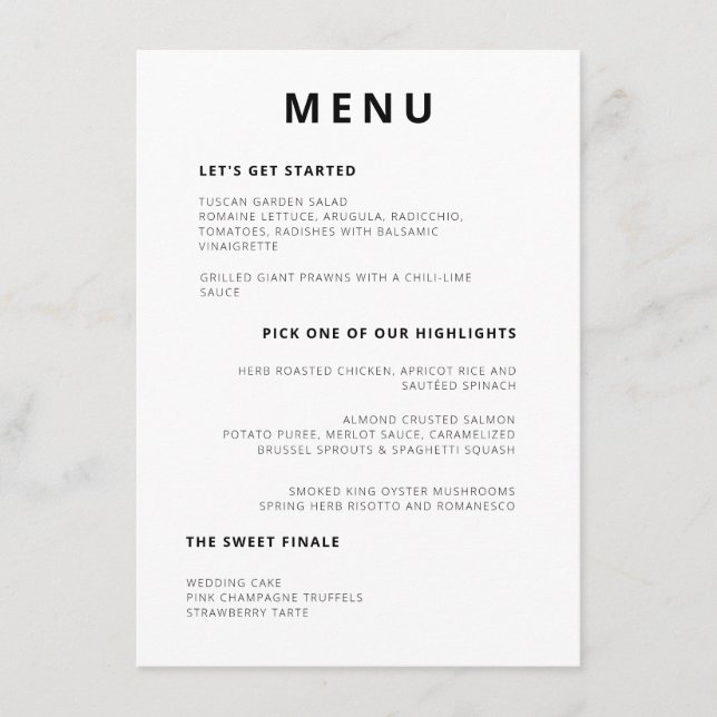 Unique Minimal Typography Black White Wedding Menu (Front)