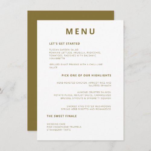 Unique Minimal Typography Olive Green Wedding Menu