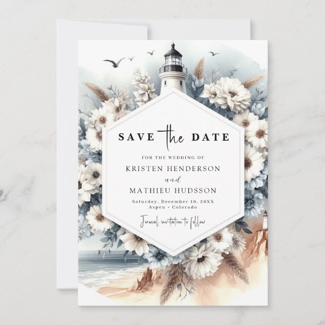 Unique Minimalism Lighthouse Wedding Save The Date (Front)