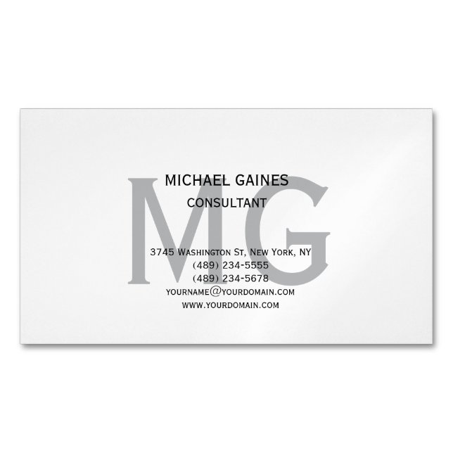 Unique Minimalist Plain Grey Monogram Black White  Business Card Magnet (Front)