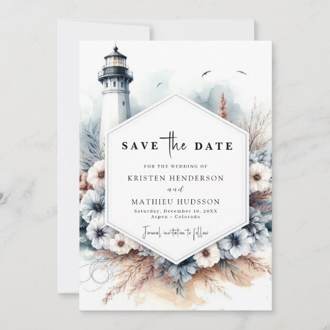 Unique Minimalist Romance Lighthouse Wedding Save The Date (Front)