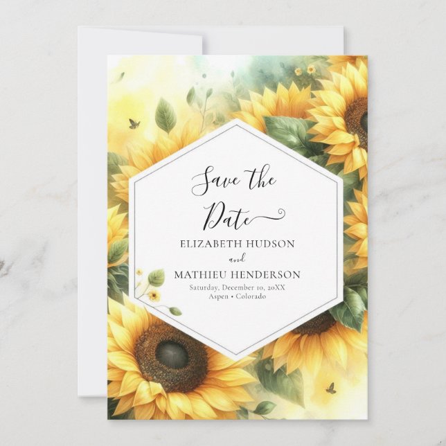 Unique Minimalist Sunflower Wedding Save The Date (Front)
