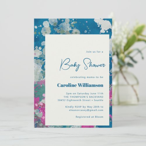 Unique Modern Abstract Paint Art Blue Baby Shower  Invitation