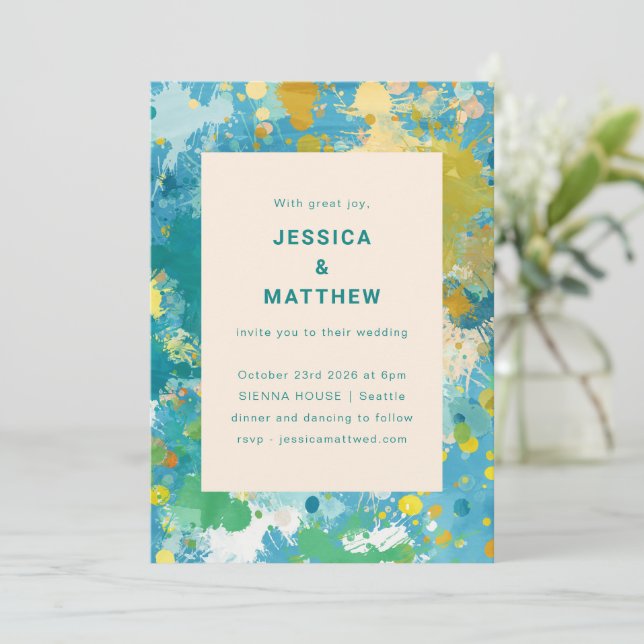 Unique Modern Abstract Paint Art Blue Gold Wedding Invitation (Standing Front)