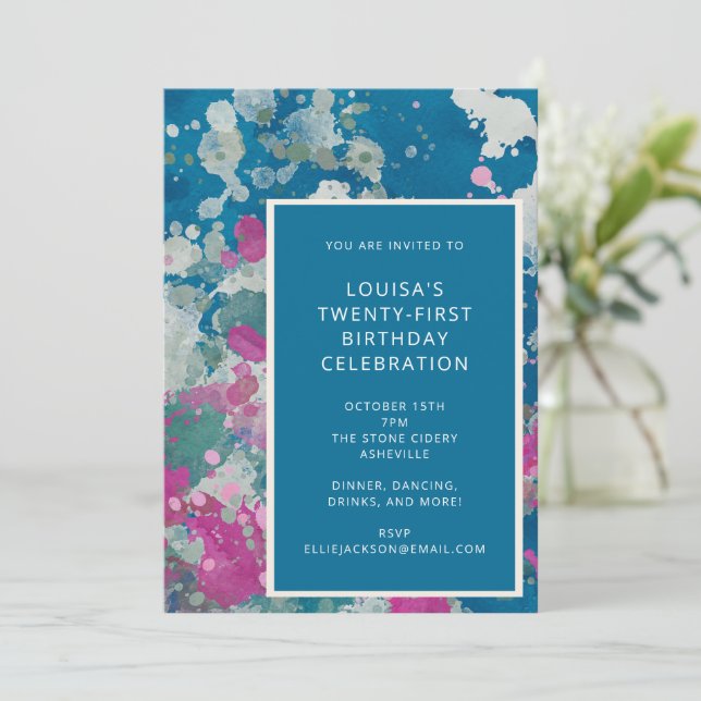 Unique Modern Abstract Paint Blue 21st Birthday  Invitation (Standing Front)