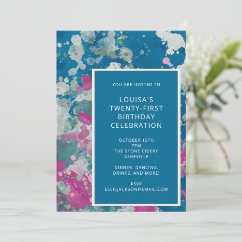Unique Modern Abstract Paint Blue 21st Birthday  Invitation