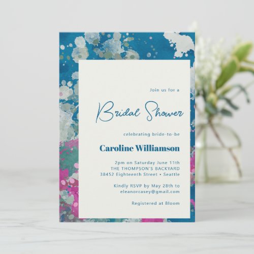 Unique Modern Abstract Paint Blue Bridal Shower Invitation