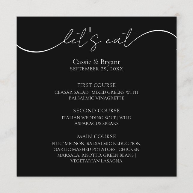 Unique Modern Black and White Script Wedding Menu (Front)
