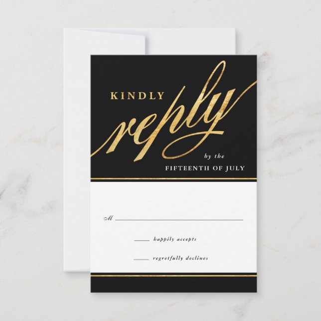 Unique Modern Black & Gold Script Reply Cards (Front)