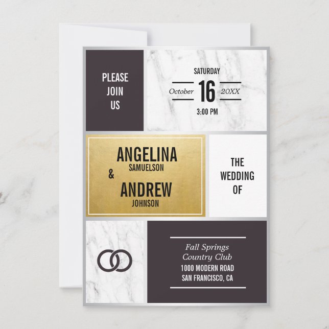 Unique Modern Black White Marble Gold Wedding Invitation (Front)