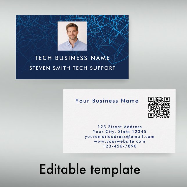 Unique Modern Blue Photo QR Code Tech Professional Business Card (Personalize this modern blue geometric business card template
)