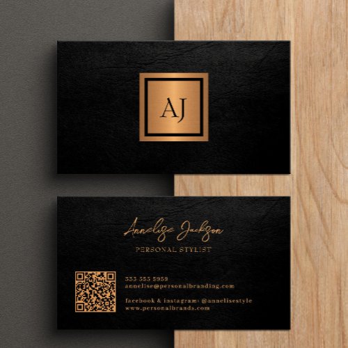 Unique modern bold monogram QR code gold black Business Card