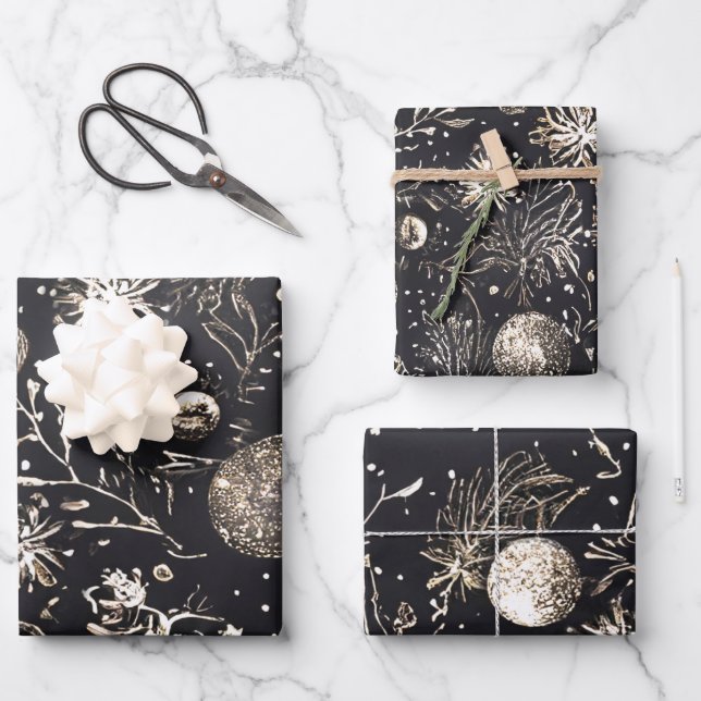 Unique Modern Elegant Christmas Black Holiday Wrapping Paper Sheets (Front)