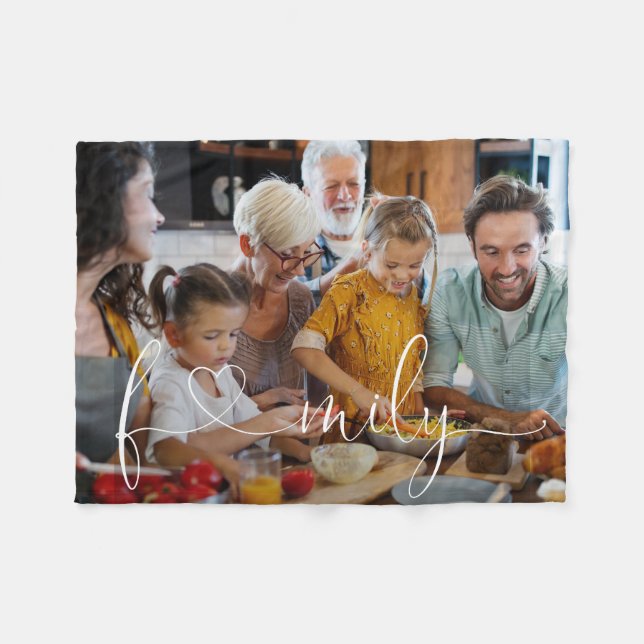 Unique Modern Family Photo Heart Script Typography Fleece Blanket (Front (Horizontal))