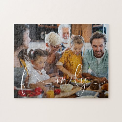 Unique Modern Family Photo Heart Script Typography Jigsaw Puzzle