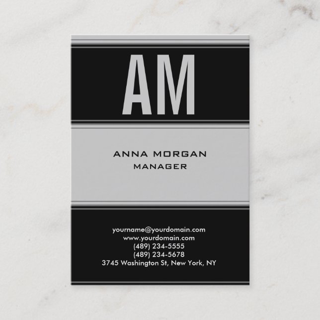 Unique modern gray black plain simple monogram business card (Front)