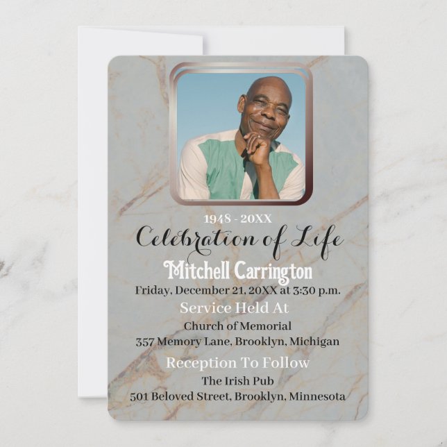 Unique Modern Gray Marble Male Memorial  Photo Invitation (Front)