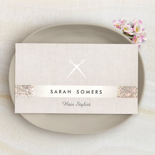 Customizable Hair Stylist Scissors Logo FAUX Silver Sequin Double-Sided Standard Business Cards (Pack Of 100)