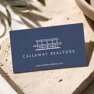 Unique Modern Home Logo II Navy Linen Real Estate Business Card