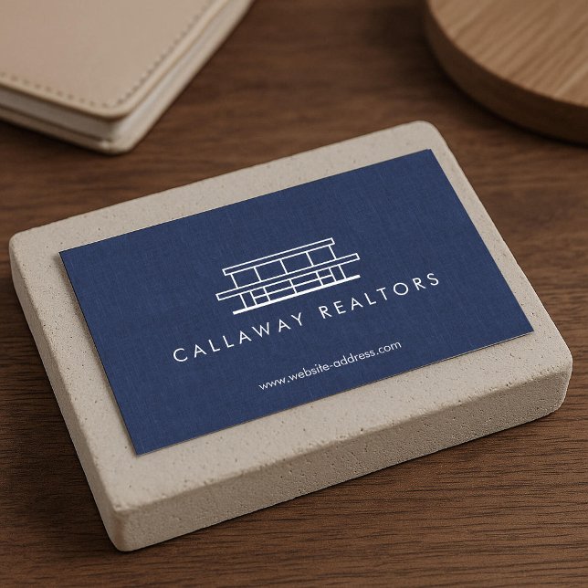 Unique Modern Home Logo II Navy Linen Real Estate Business Card (Creator Uploaded)