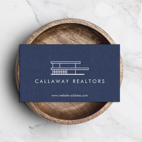 Unique Modern Home Logo on Navy Linen Real Estate Business Card
