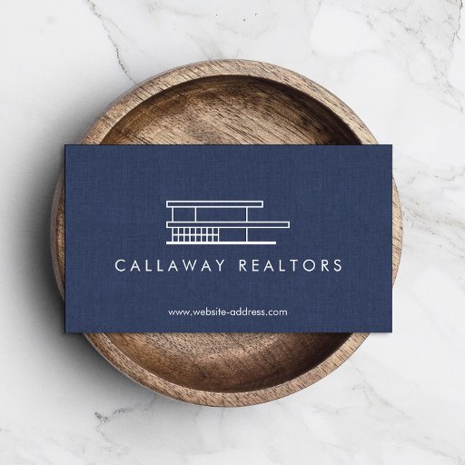 Customizable Unique Modern Home Logo on Navy Linen Real Estate Business Card