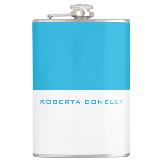 Unique Modern Minimalist Blue White Add Name Flask (Front)