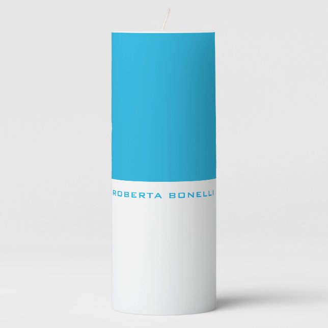 Unique Modern Minimalist Blue White Add Name Pillar Candle (Front)