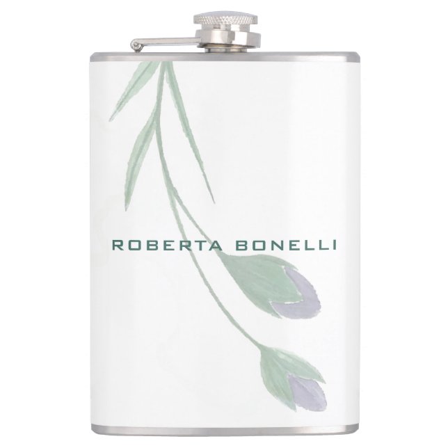 Unique Modern Minimalist Floral Add Name Flask (Front)