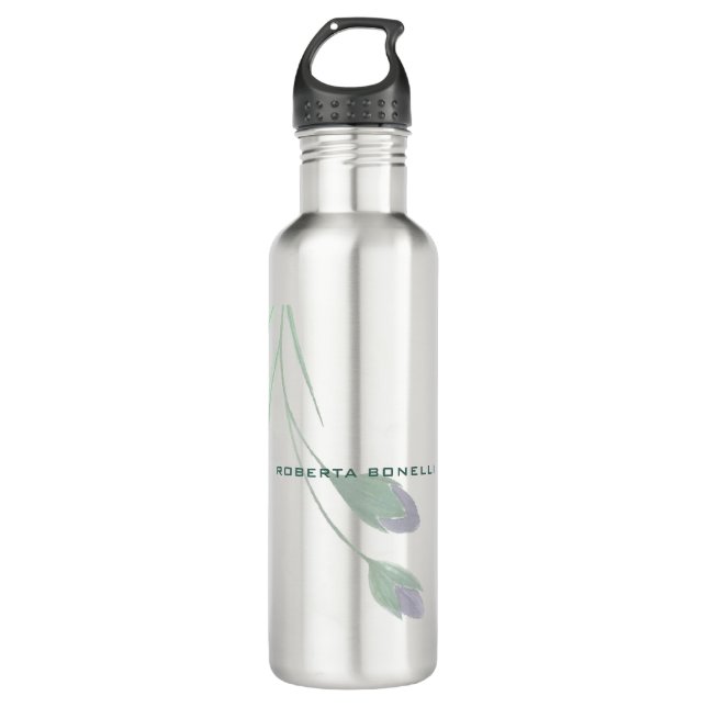 Unique Modern Minimalist Floral Add Name Stainless Steel Water Bottle (Front)