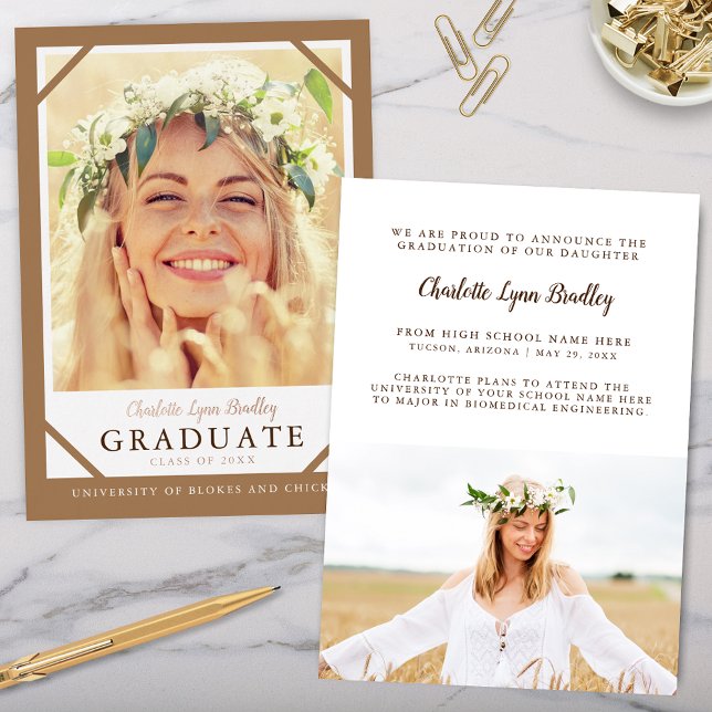 Unique Modern Minimalist Graduation Announcement (Elegant earthy bohemian graduation announcment with rose gold foil and modern minimalist script)