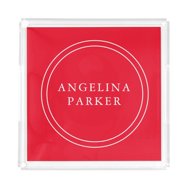 Unique Modern Minimalist Plain Red Your Name Acrylic Tray (Front)