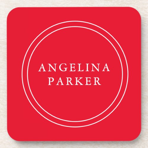 Unique Modern Minimalist Plain Red Your Name Beverage Coaster