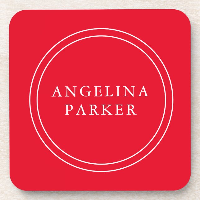 Unique Modern Minimalist Plain Red Your Name Beverage Coaster (Front)